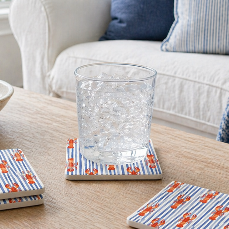 Lobster Seersucker Stripe Stone Coasters, Blue Nautical Coaster Set, 4" Absorbent Coasters with Cork Back (Set of 4)
