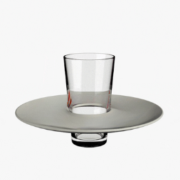 Clear Pint glass in the center of a small plate for one handed sipping and dining.
