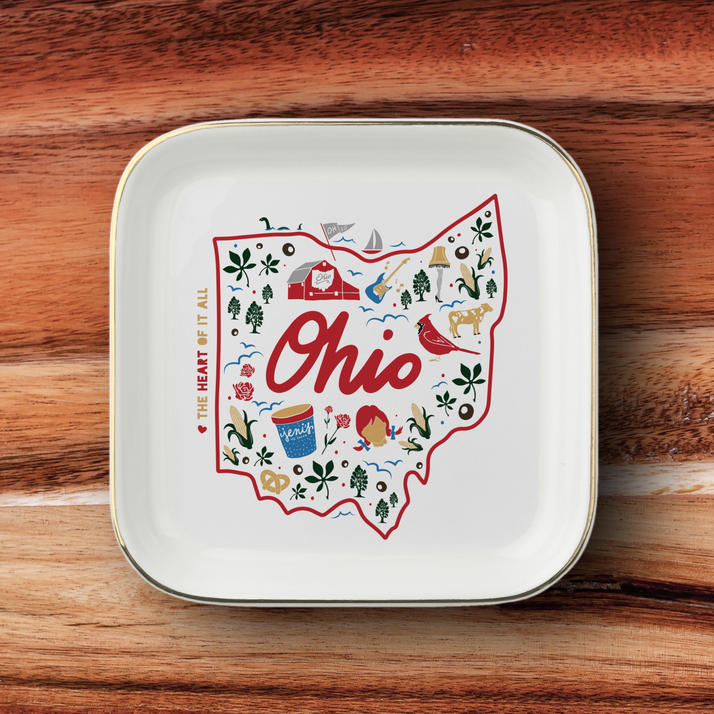 State of Ohio Icons 4.5 inch Ceramic Jewelry Dish - Buckeye Gift, Buckeye Hostess Gift