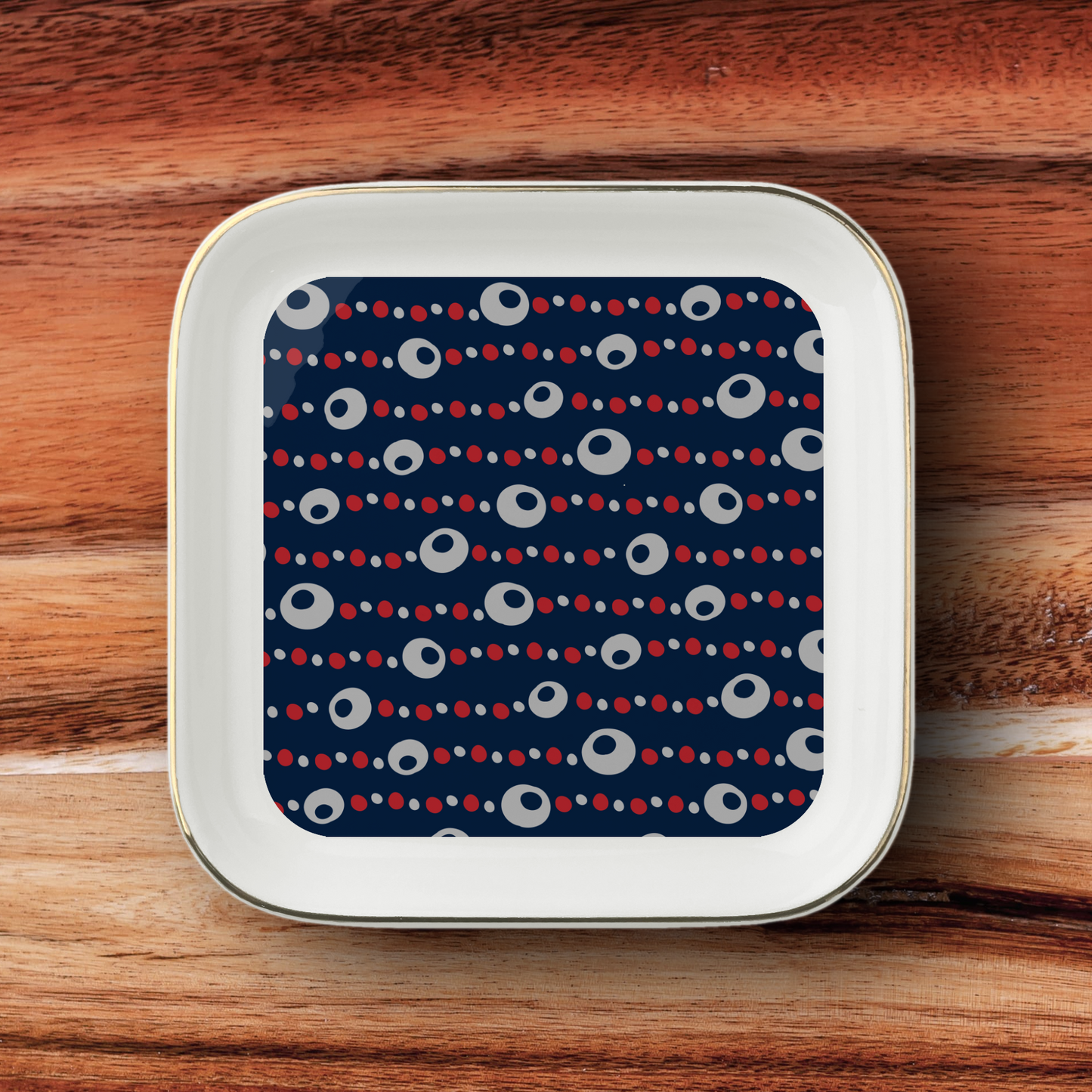 Buckeye Necklace Pattern Jewelry Dish (navy background)
