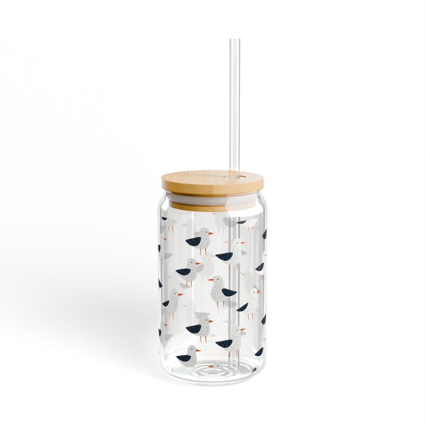 Seagull Glass 16 oz. Can Tumbler with Bamboo Lid & Straw, Coastal Drinkware, Beach House Iced Coffee Glass, Nautical Kitchen Cup