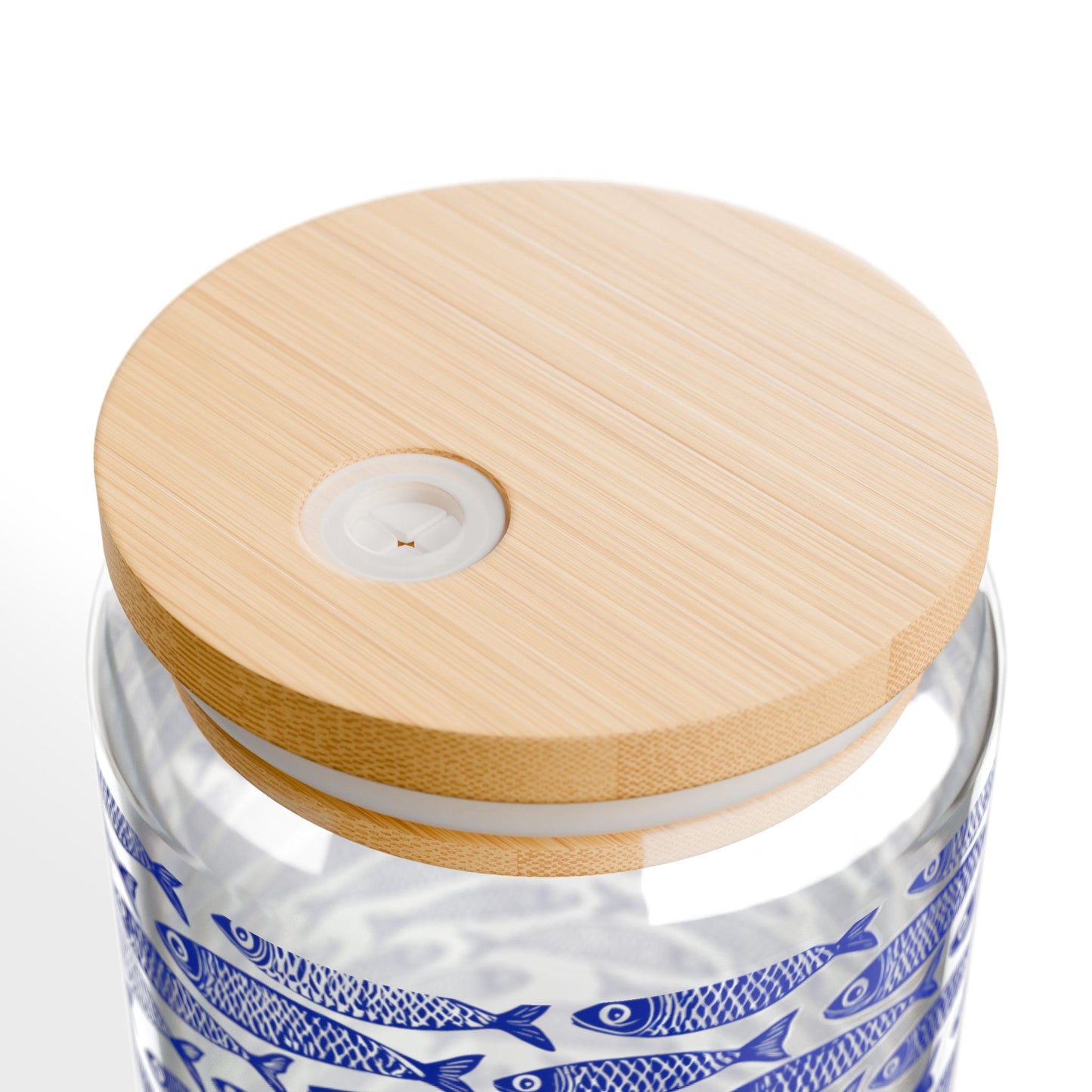 Blue Fish Pattern Glass Can Tumbler with Bamboo Lid & Straw, Coastal Drinkware, Ocean-Inspired Iced Coffee Glass, Beach House Kitchen