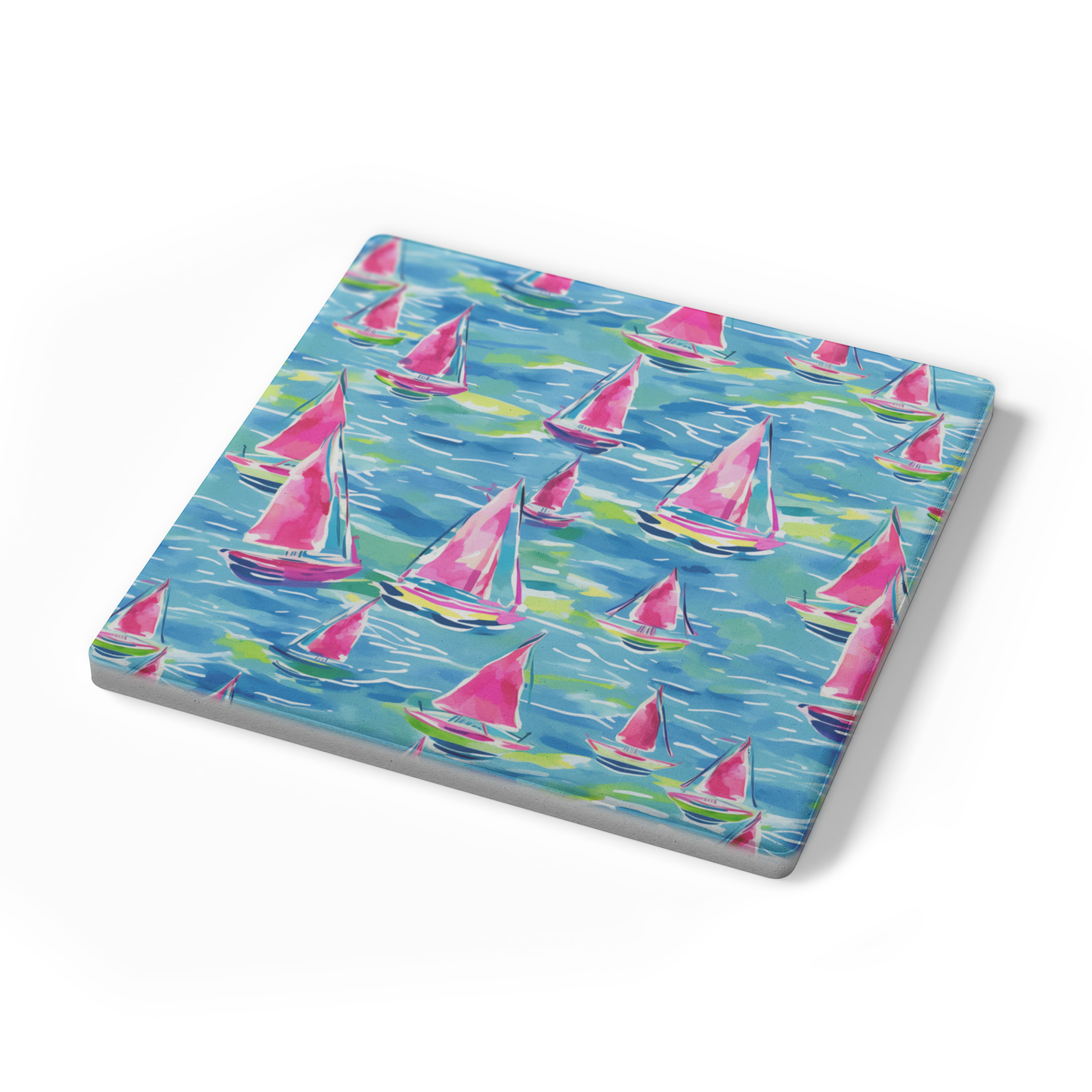 Pink Sailboat Watercolor 4" Stone Coaster Set | Set of 4