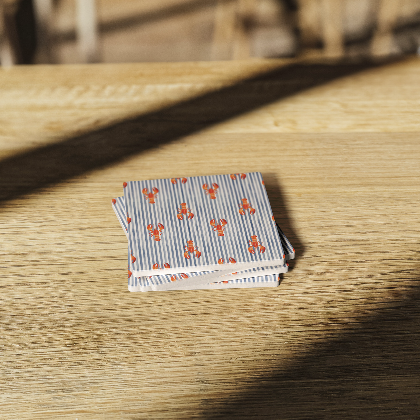 Lobster Seersucker Stripe Stone Coasters, Blue Nautical Coaster Set, 4" Absorbent Coasters with Cork Back  (Set of 4)