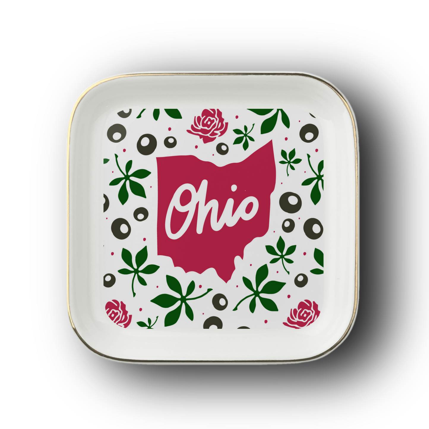 Ohio Jewelry Dish featuring Ohio Silhouette, buckeyes & carnations