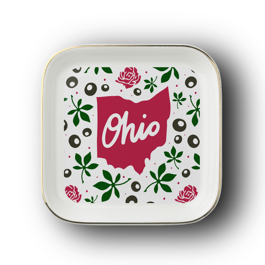 Ohio Jewelry Dish featuring Ohio Silhouette, buckeyes & carnations