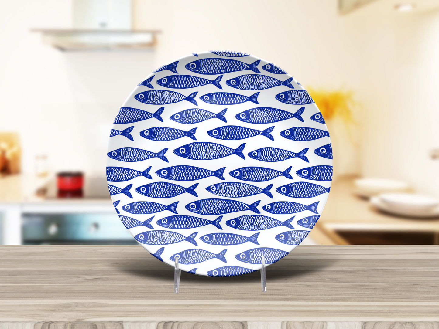 Blue Fish Dinner Plate, Durable Polymer, Dishwasher Safe Plate, Eco-Friendly USA Made, Nautical Kitchen Decor - 10" Round