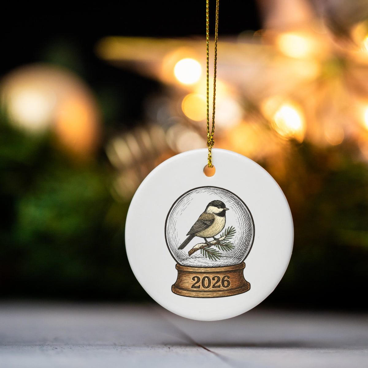 2026 Chickadee Snow Globe Ornament, Bird Lover Christmas Decor, White Ceramic Keepsake with Gold Hanging Cord and Winter Woodland Art