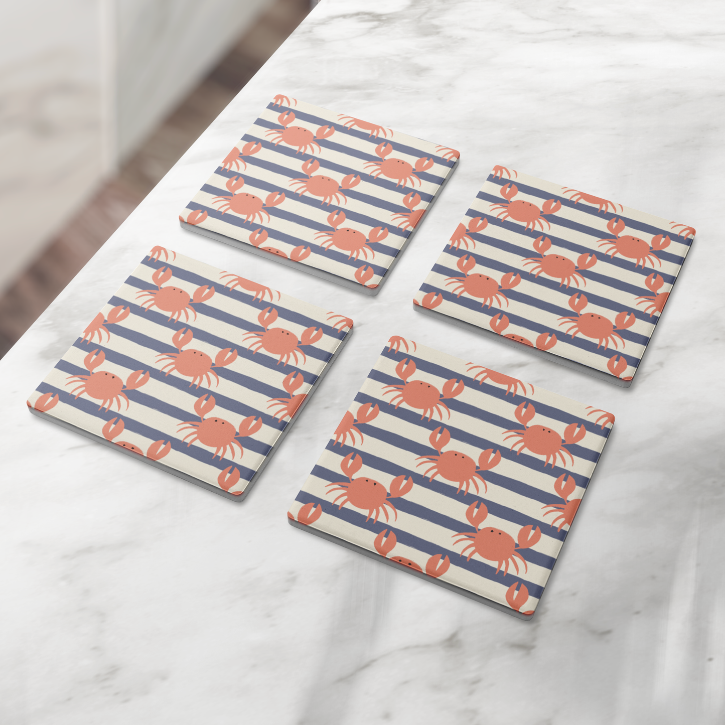 Coastal Crab Soapstone Coasters – Set of 4, 4" Square, Nautical Stripe Drink Coasters with Cork Back