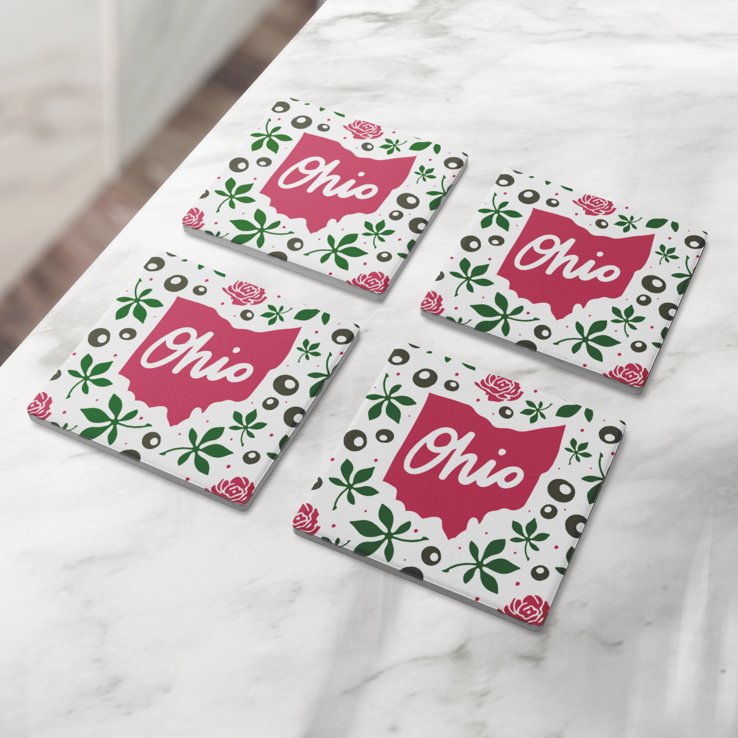 Ohio Stone Coaster Set (4), featuring buckeyes and carnations