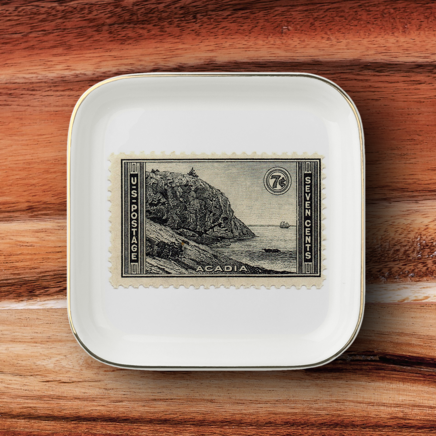 Acadia National Park Stamp Jewelry Dish, Vintage Postage Art Trinket Tray, Gold Trim Ceramic Catchall for Rings and Small Treasures