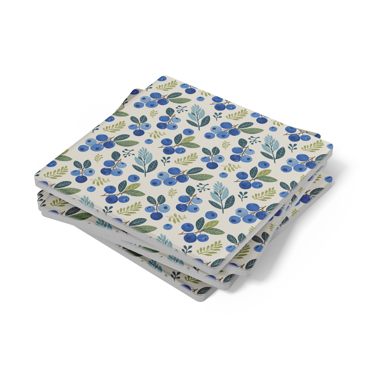 Blueberry Pattern Stone Coasters, 4x4 Absorbent Coasters with Cork Backing, Cute Home Gift Set, Rustic Kitchen Accessory, Unique Drink Holder