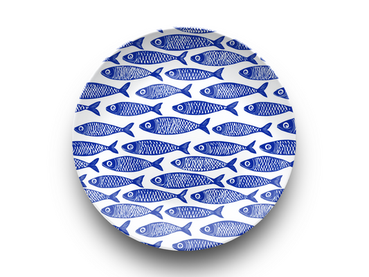 Blue Fish Dinner Plate, Durable Polymer, Dishwasher Safe Plate, Eco-Friendly USA Made, Nautical Kitchen Decor - 10" Round