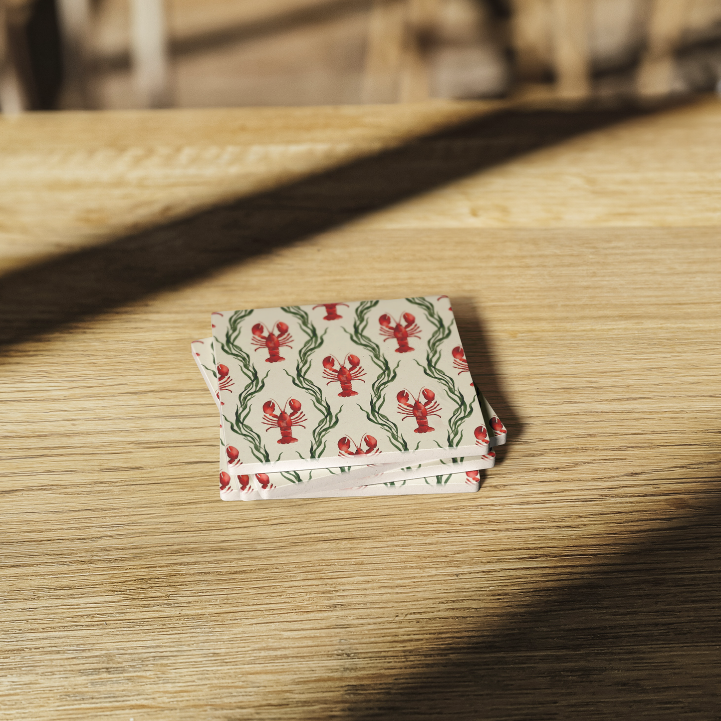 Coastal Stone Coasters Set, Lobster Design, Nautical Sea Life Decor, Absorbent Square Coasters, Ocean Theme Gifts, Cork Backed, Beach House Gifts