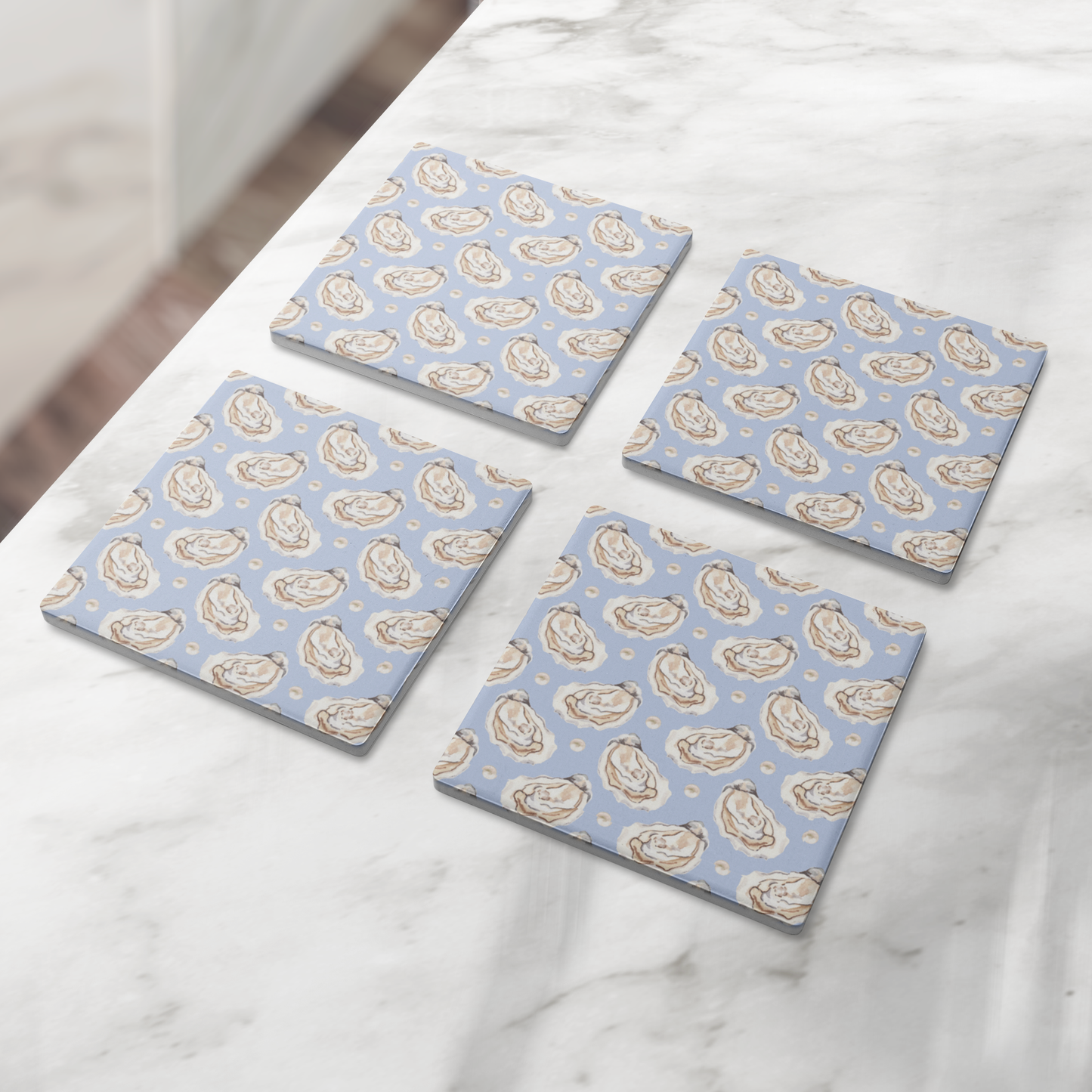 Coastal Oyster Coasters – Blue or Tan Soapstone Drink Coasters with Cork Backing, New England Coastal Decor (4" set of 4)