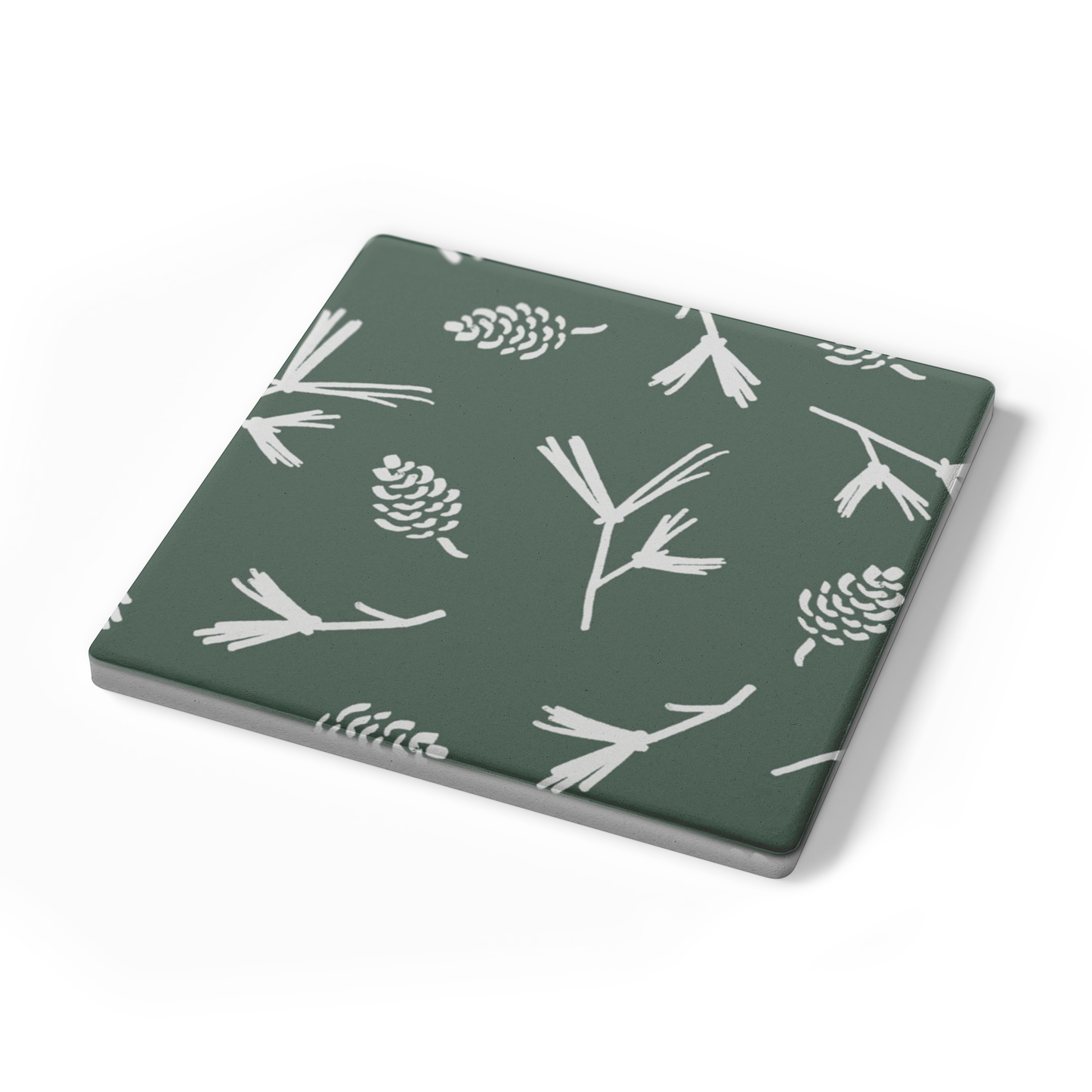 Green Pinecone Stone Coasters, Holiday Table Decor, Forest Theme Coasters, Maine Square Coasters Gift Set (set of 4)