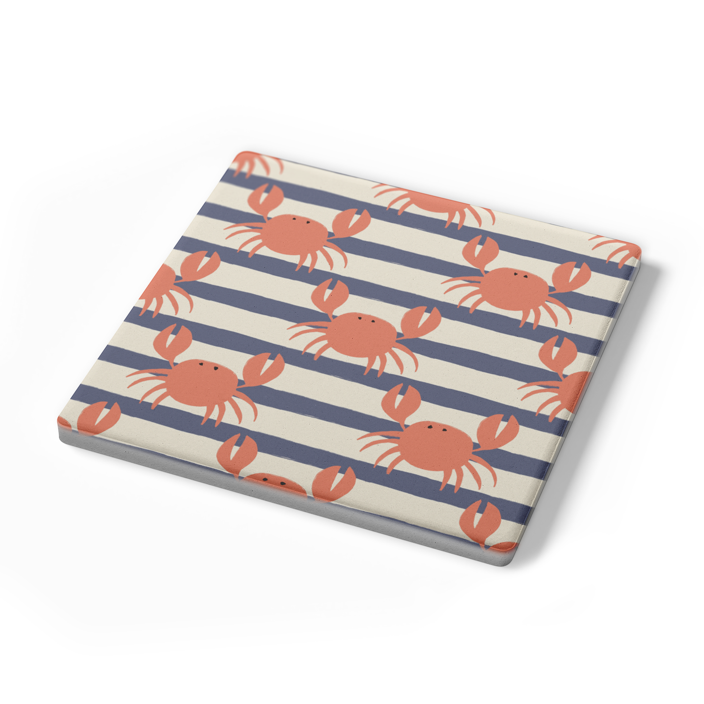 Coastal Crab Soapstone Coasters – Set of 4, 4" Square, Nautical Stripe Drink Coasters with Cork Back