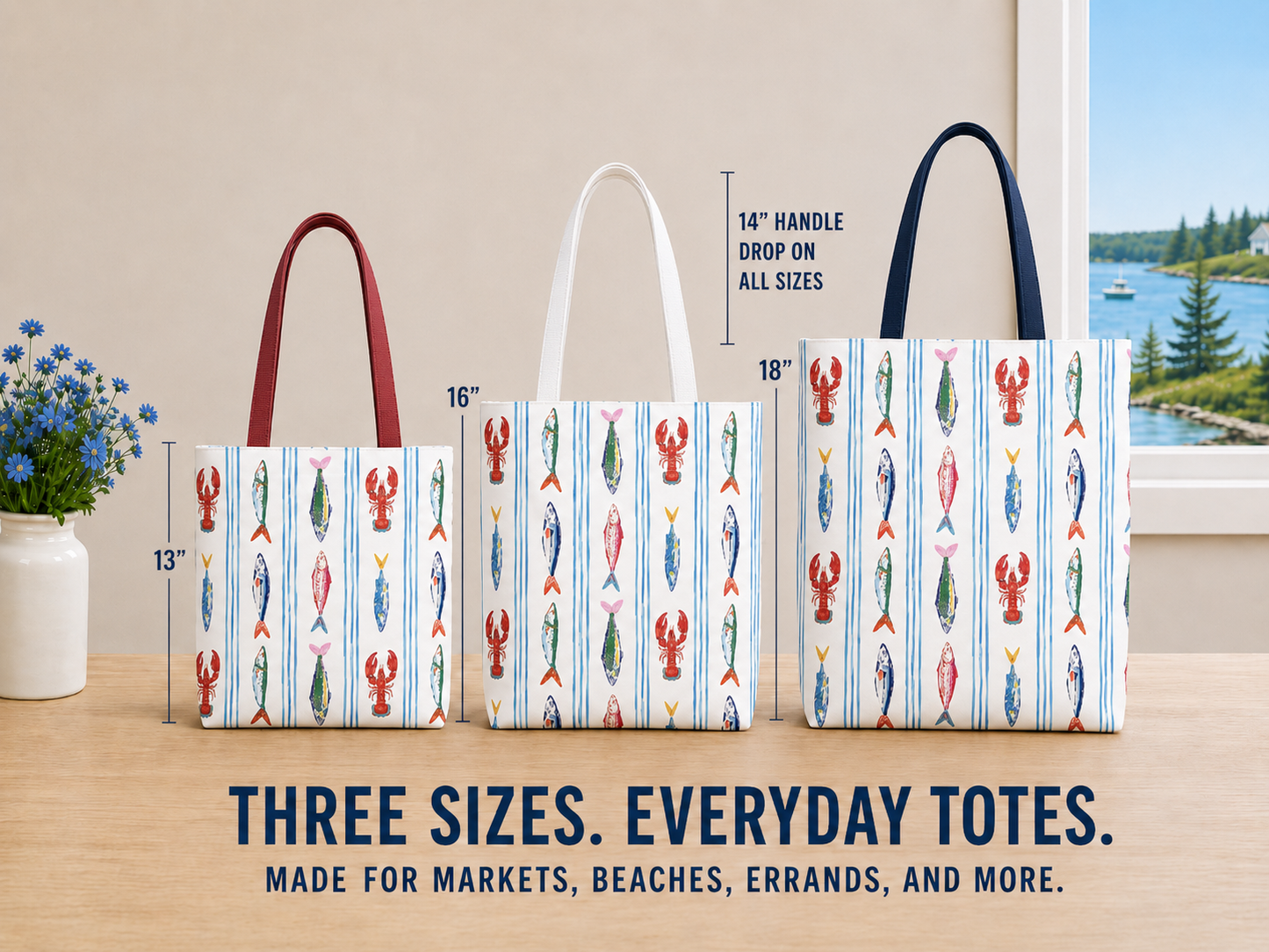Fisherman Aesthetic Nautical Tote Bag, Multi-Size Durable Tote with 3 Handle Options - Lobsters & Fish