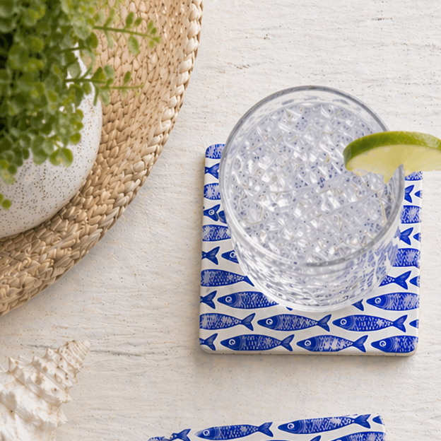 Blue Fish Stone Coasters, Nautical Absorbent Coaster Set, 4" Square with Cork Back (set of 4)