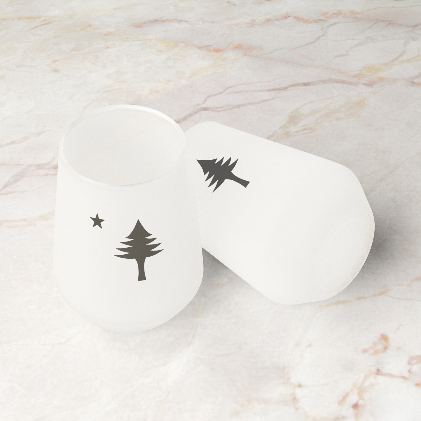 Frosted Maine Pine Tree Stemless Wine Glass (13oz) | Minimal North Star Design | Coastal New England Drinkware