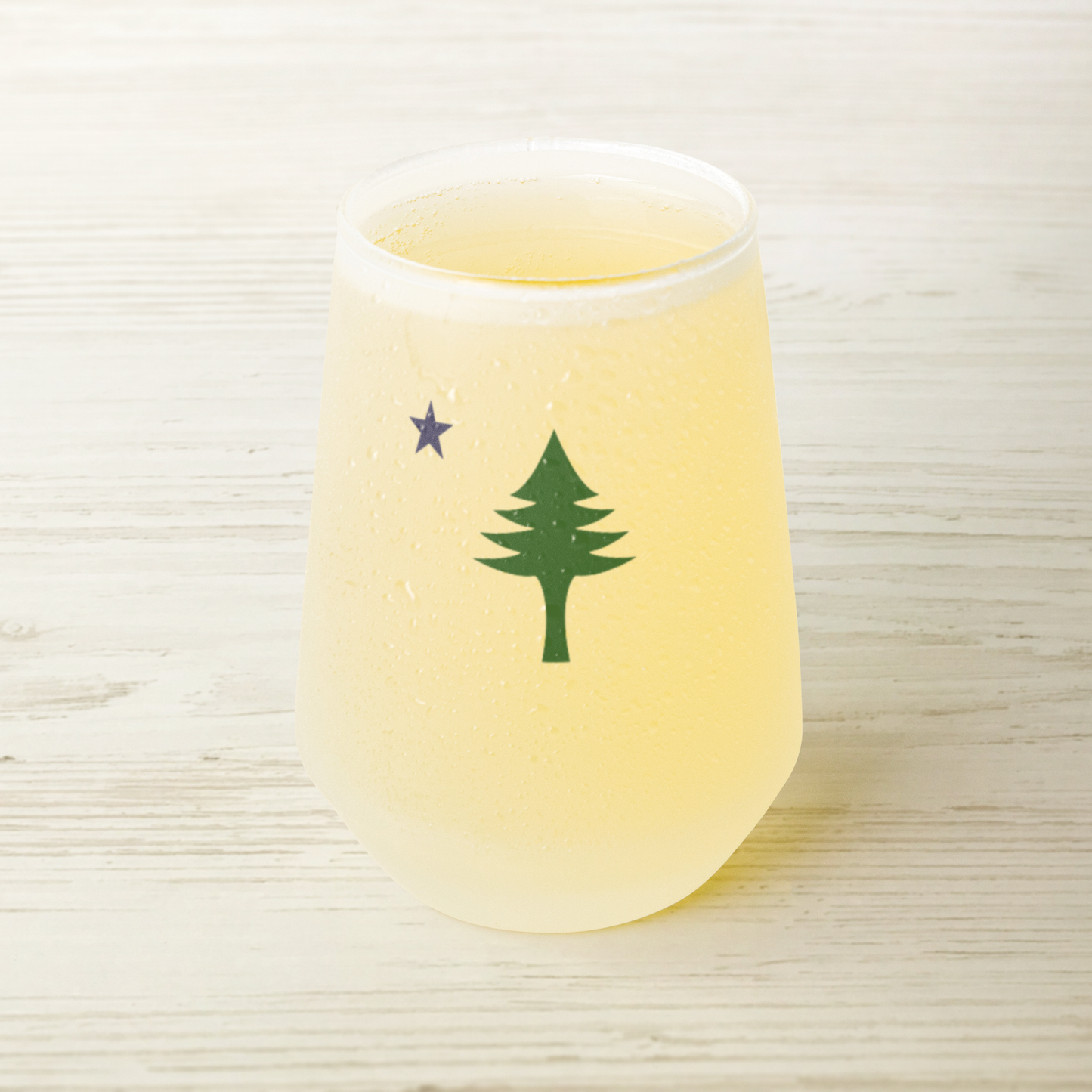 Frosted Maine Pine Tree Stemless Wine Glass (13oz) | Minimal North Star Design | Coastal New England Drinkware