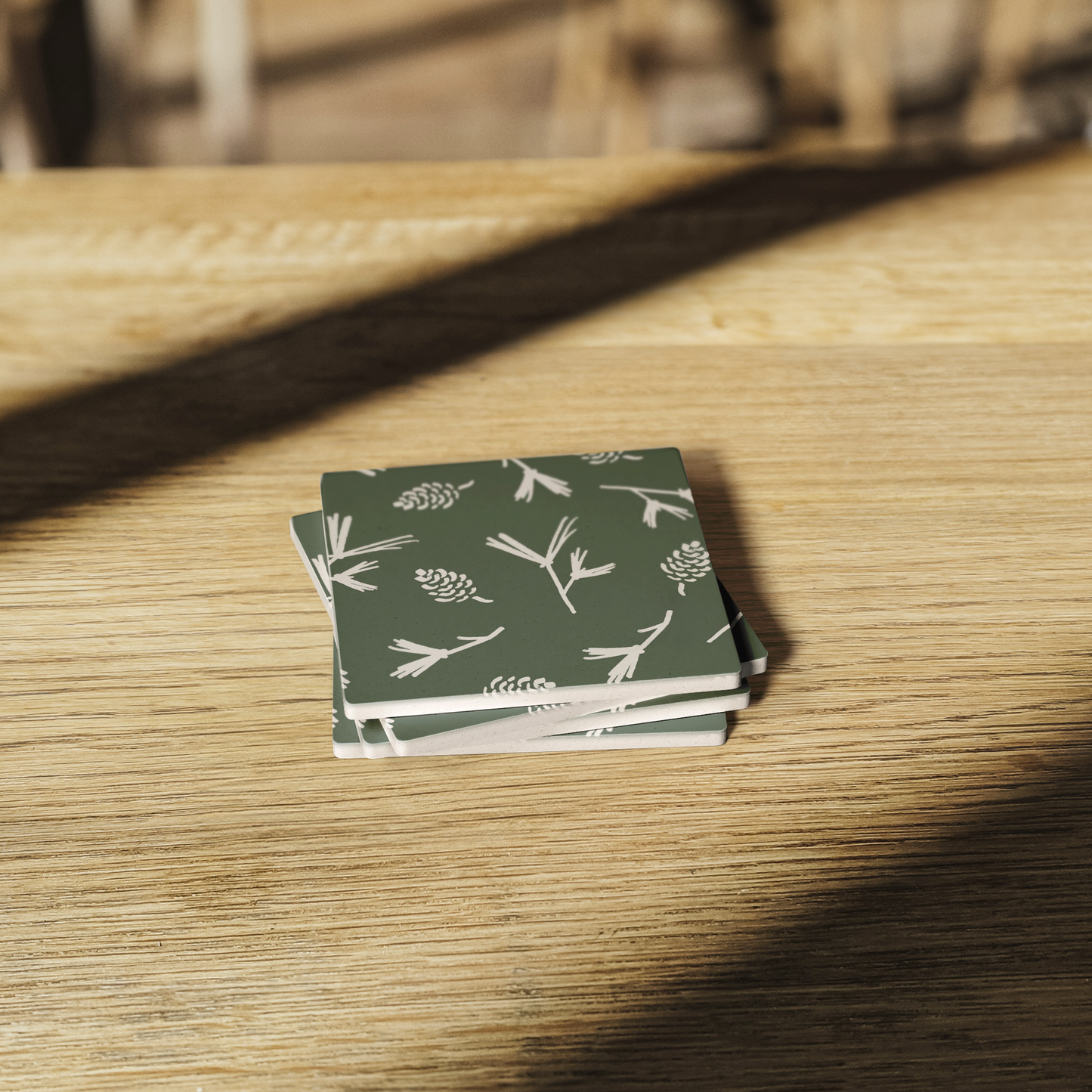 Green Pinecone Stone Coasters, Holiday Table Decor, Forest Theme Coasters, Maine Square Coasters Gift Set (set of 4)