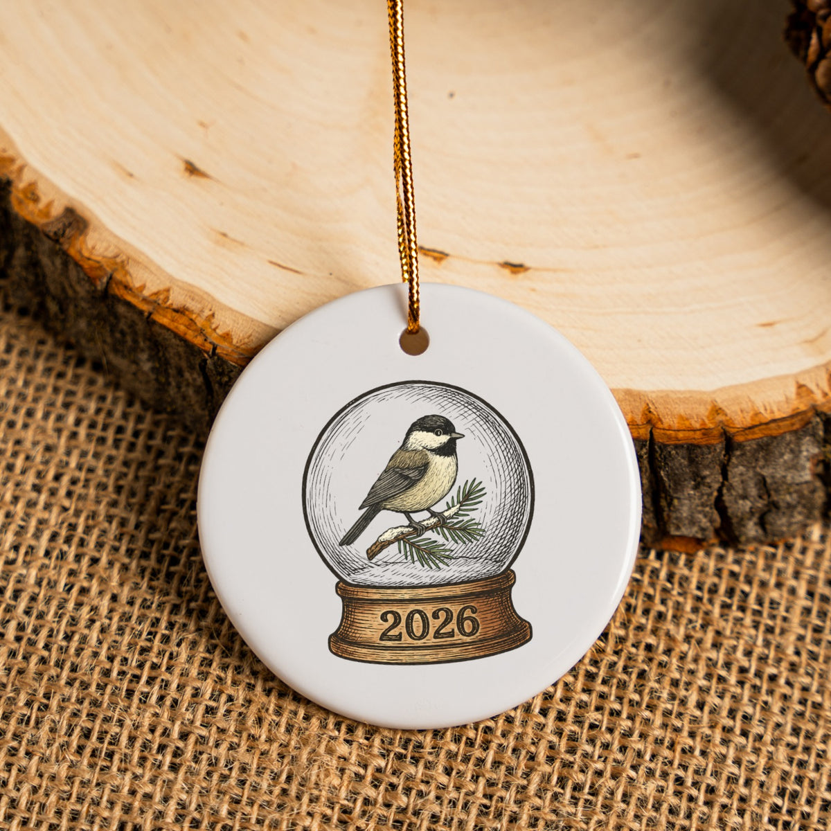 2026 Chickadee Snow Globe Ornament, Bird Lover Christmas Decor, White Ceramic Keepsake with Gold Hanging Cord and Winter Woodland Art