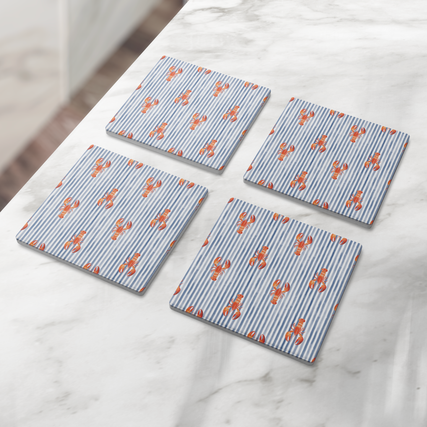 Lobster Seersucker Stripe Stone Coasters, Blue Nautical Coaster Set, 4" Absorbent Coasters with Cork Back  (Set of 4)