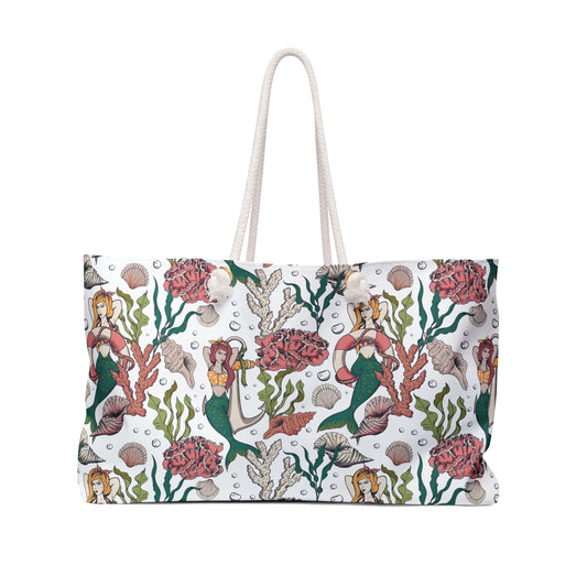 Retro Pinup Mermaid Beach Bag - White