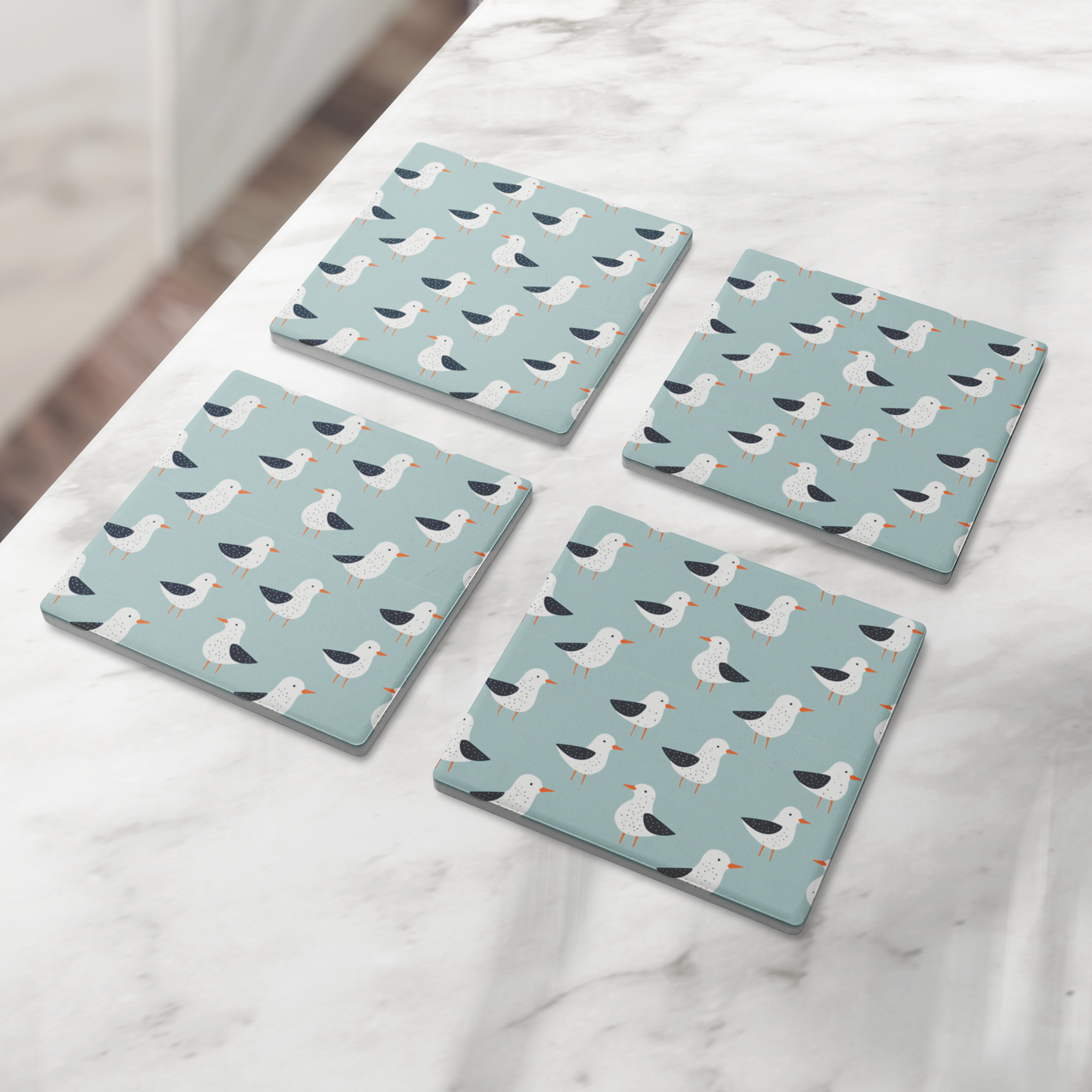 Coastal Seagull Stone Coasters, 4" Square Absorbent Coaster Set with Cork Back (Set of 4)