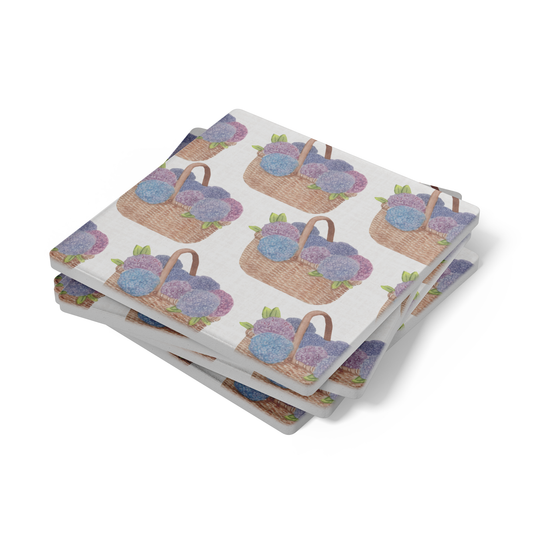 Nantucket Hydrangea Basket Coasters, Set of 4 Stone Drink Coasters, Coastal Cottage Table Decor, Housewarming Gift