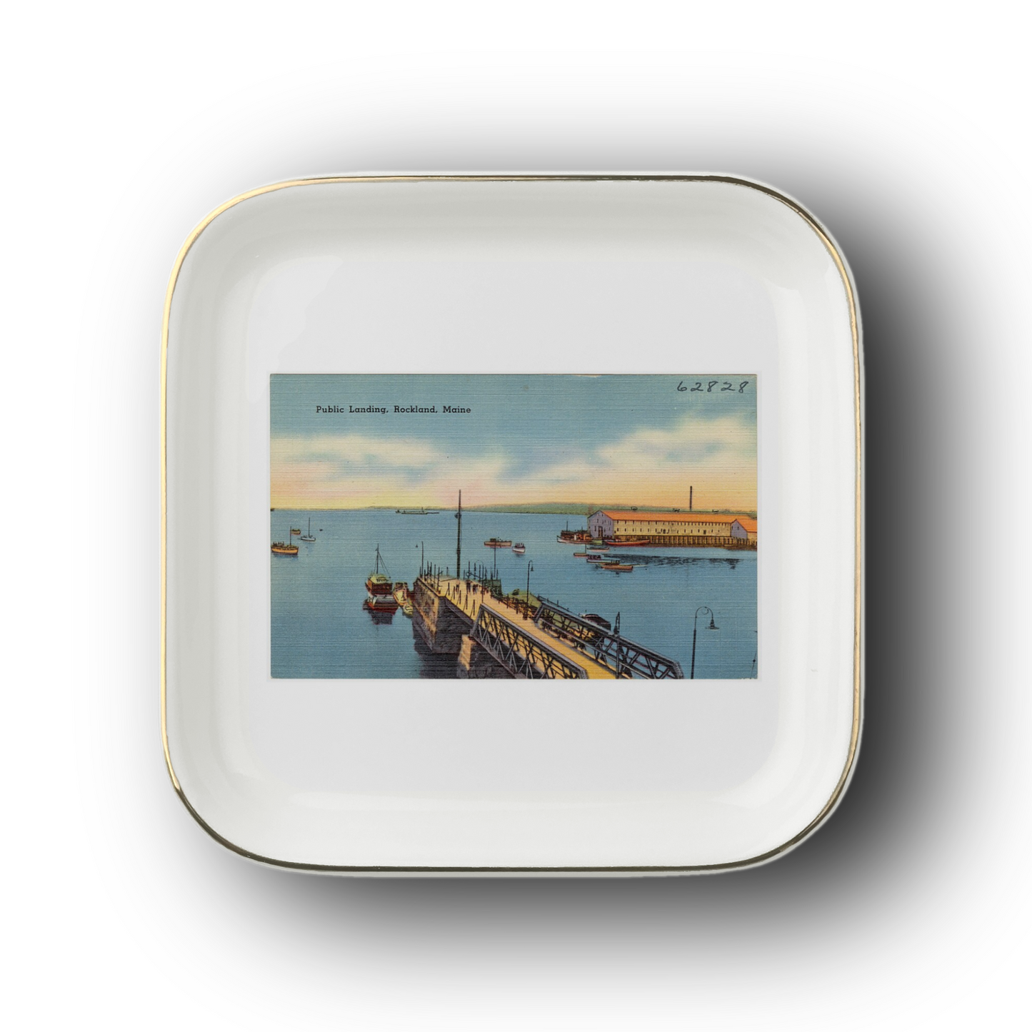 Rockland Maine Harbor Jewelry Dish, Public Landing Coastal Trinket Tray, Nautical Keepsake Gift, Gold-Trimmed Ceramic Catchall Dish