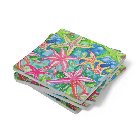 Watercolor Starfish Stone Coaster Set | Coastal Beach Coasters | Set of 4