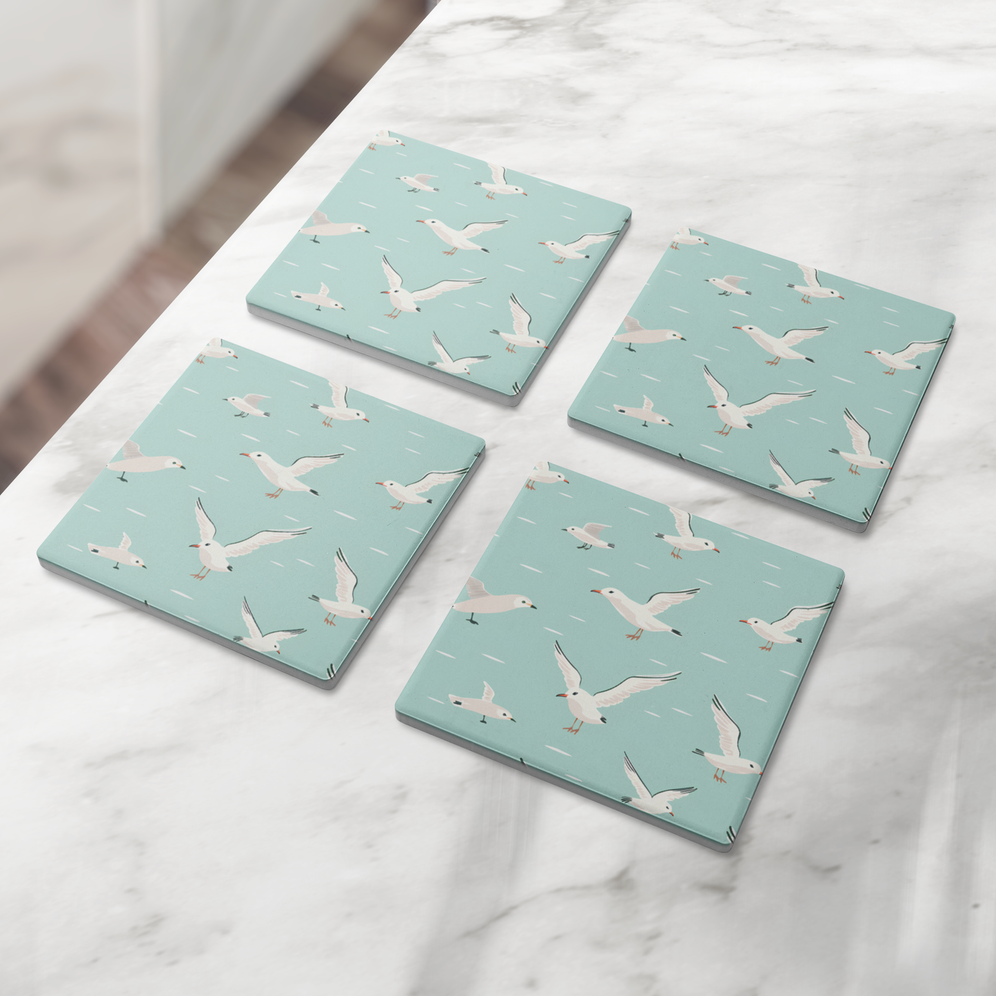 Flying Seagull Stone Coasters, Set of 4, Coastal Beach Decor, Absorbent Drink Coasters, Ocean Theme Stone Coasters, Nautical Home Gift