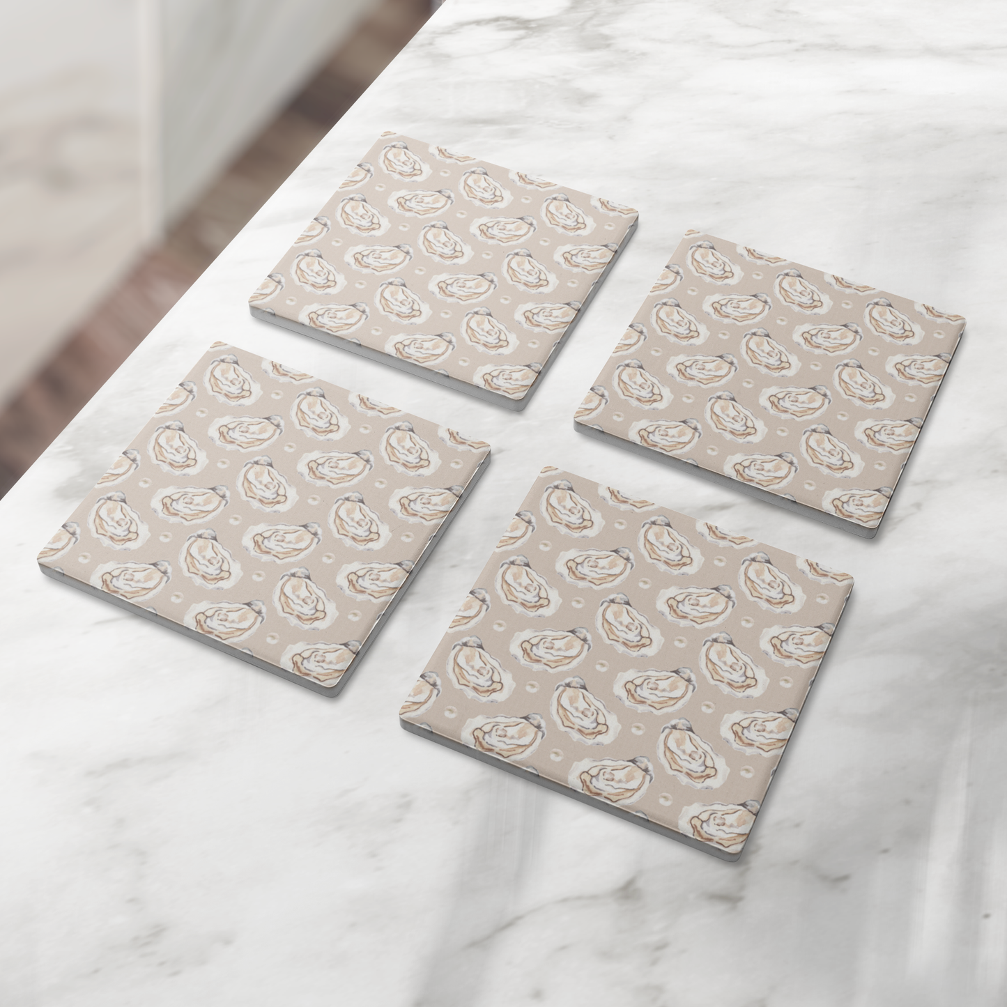 Coastal Oyster Coasters – Blue or Tan Soapstone Drink Coasters with Cork Backing, New England Coastal Decor (4" set of 4)