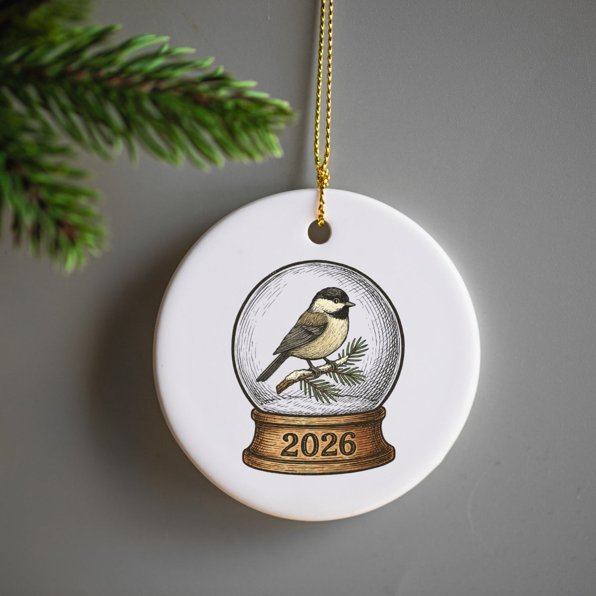 2026 Chickadee Snow Globe Ornament, Bird Lover Christmas Decor, White Ceramic Keepsake with Gold Hanging Cord and Winter Woodland Art
