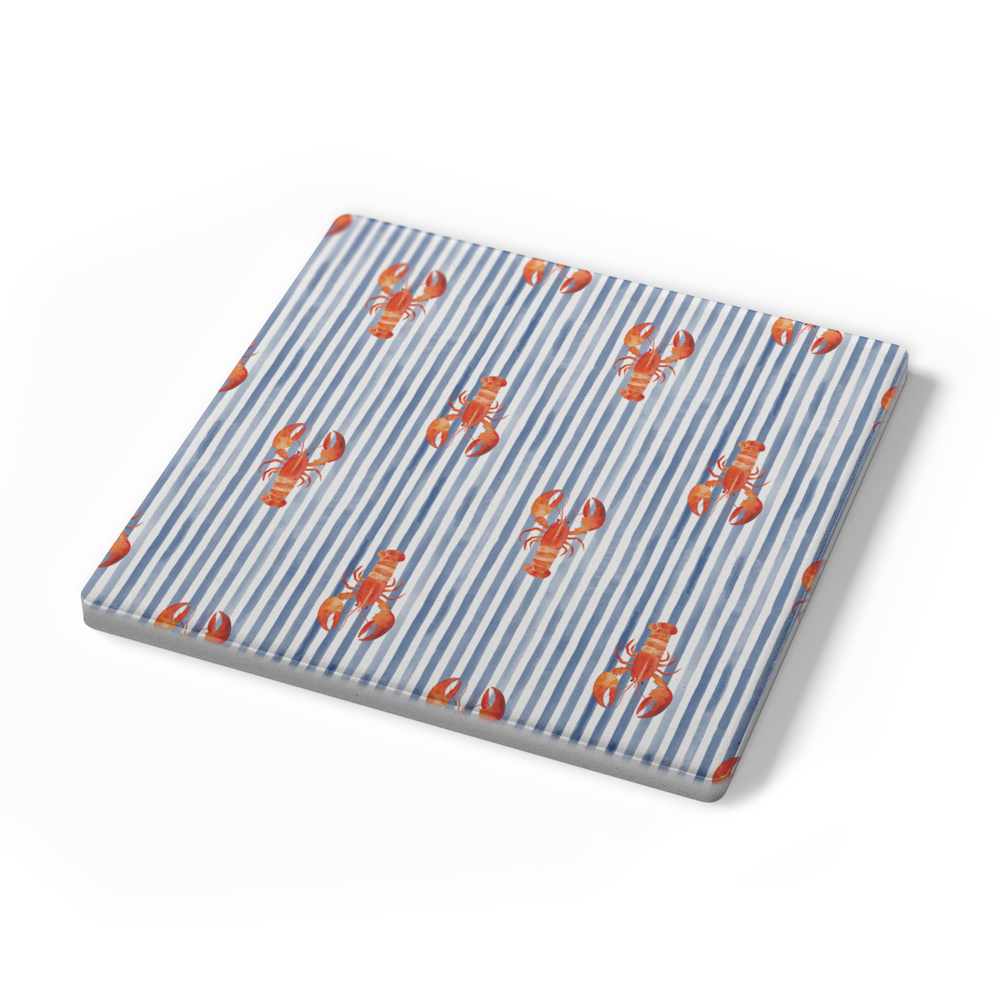 Lobster Seersucker Stripe Stone Coasters, Blue Nautical Coaster Set, 4" Absorbent Coasters with Cork Back  (Set of 4)