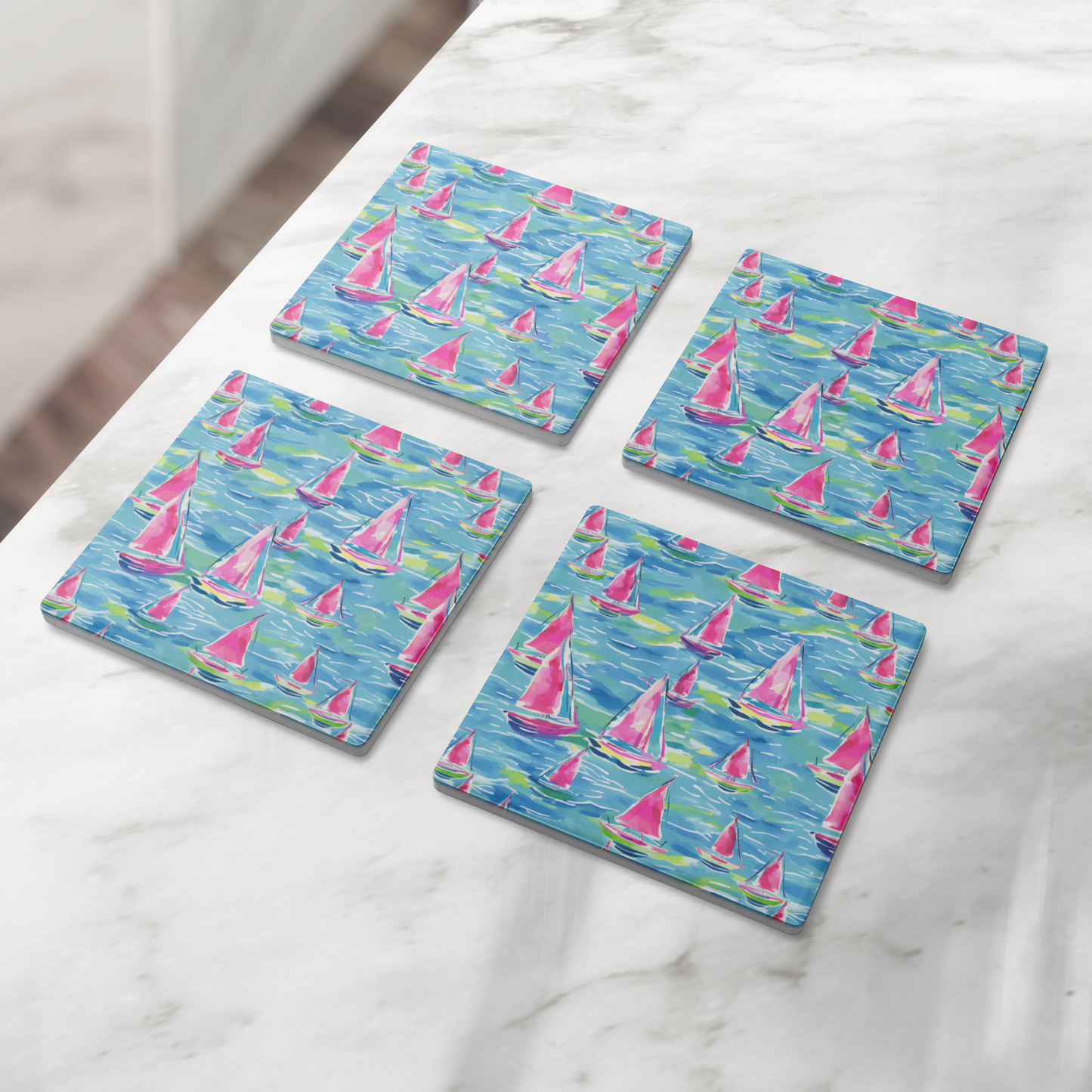 Pink Sailboat Watercolor 4" Stone Coaster Set | Set of 4