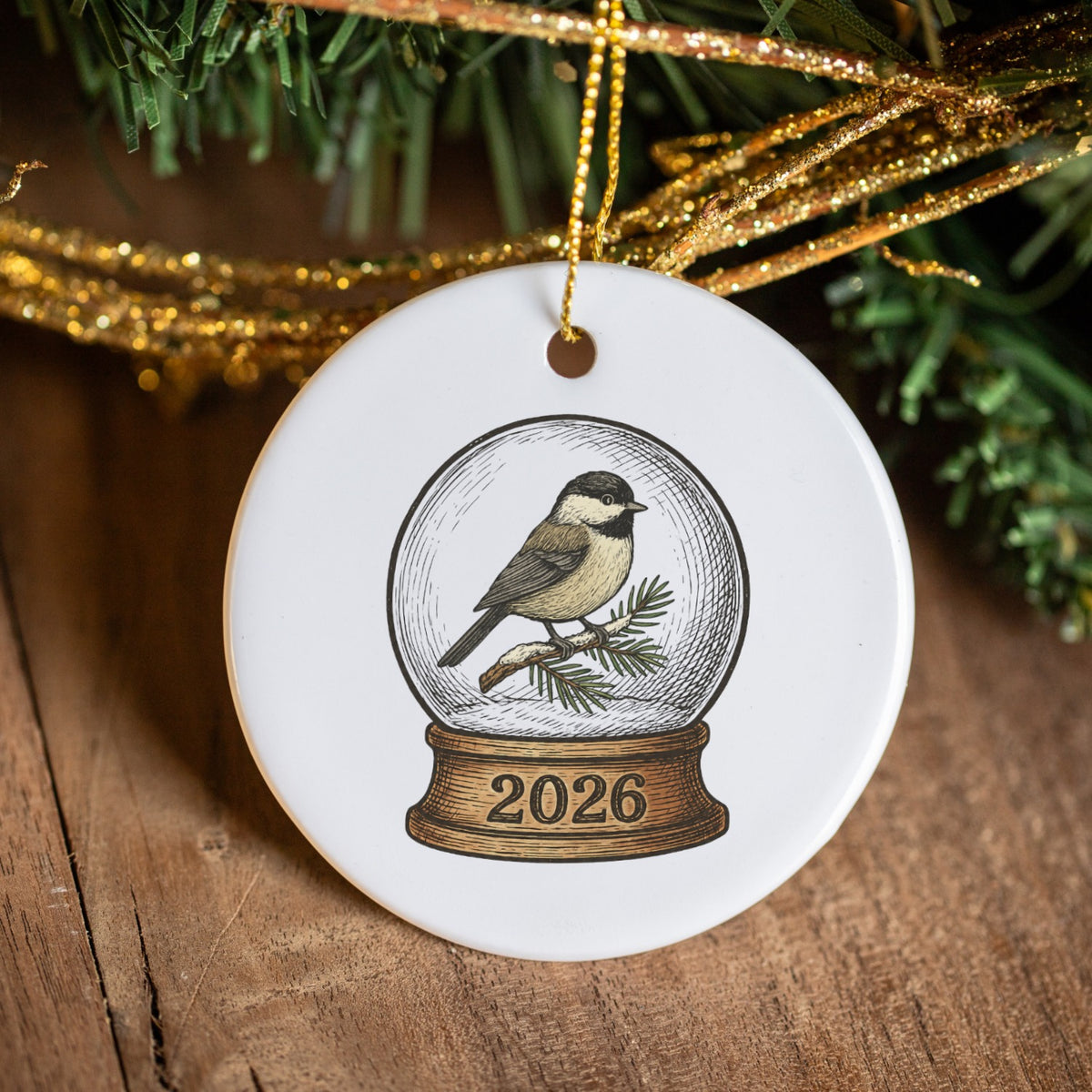 2026 Chickadee Snow Globe Ornament, Bird Lover Christmas Decor, White Ceramic Keepsake with Gold Hanging Cord and Winter Woodland Art