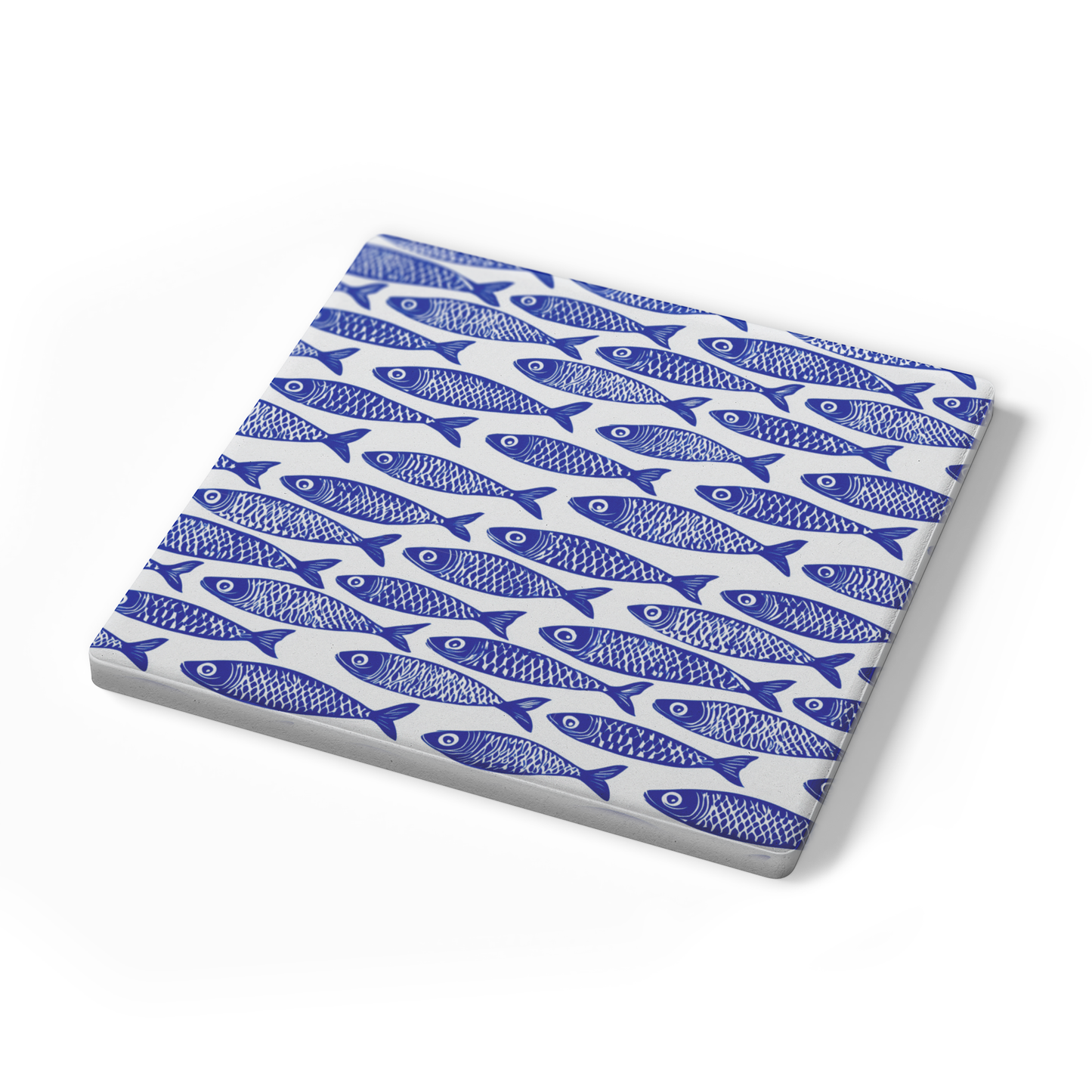 Blue Fish Stone Coasters, Nautical Absorbent Coaster Set, 4" Square with Cork Back (set of 4)