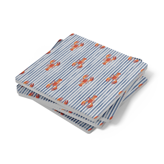 Lobster Seersucker Stripe Stone Coasters, Blue Nautical Coaster Set, 4" Absorbent Coasters with Cork Back  (Set of 4)
