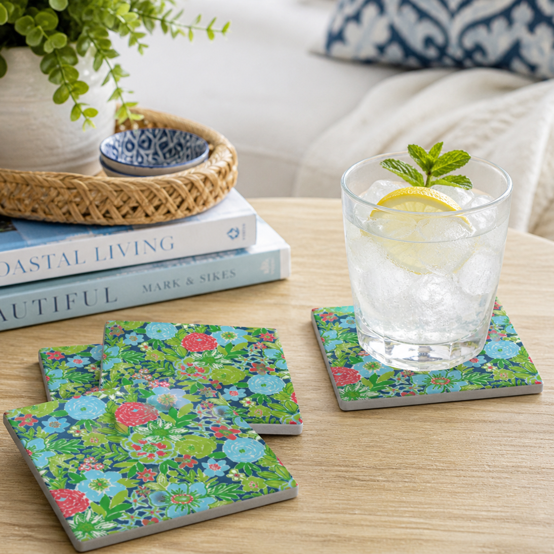 Coastal Floral Stone Coaster Set (Set of 4)