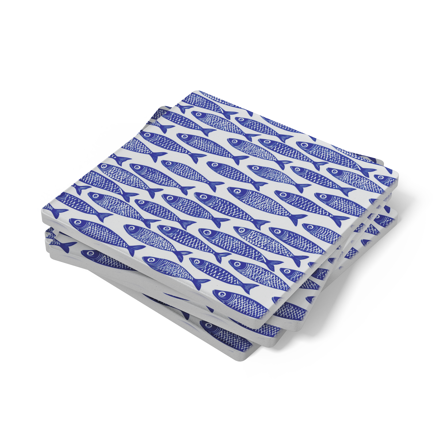 Blue Fish Stone Coasters, Nautical Absorbent Coaster Set, 4" Square with Cork Back (set of 4)
