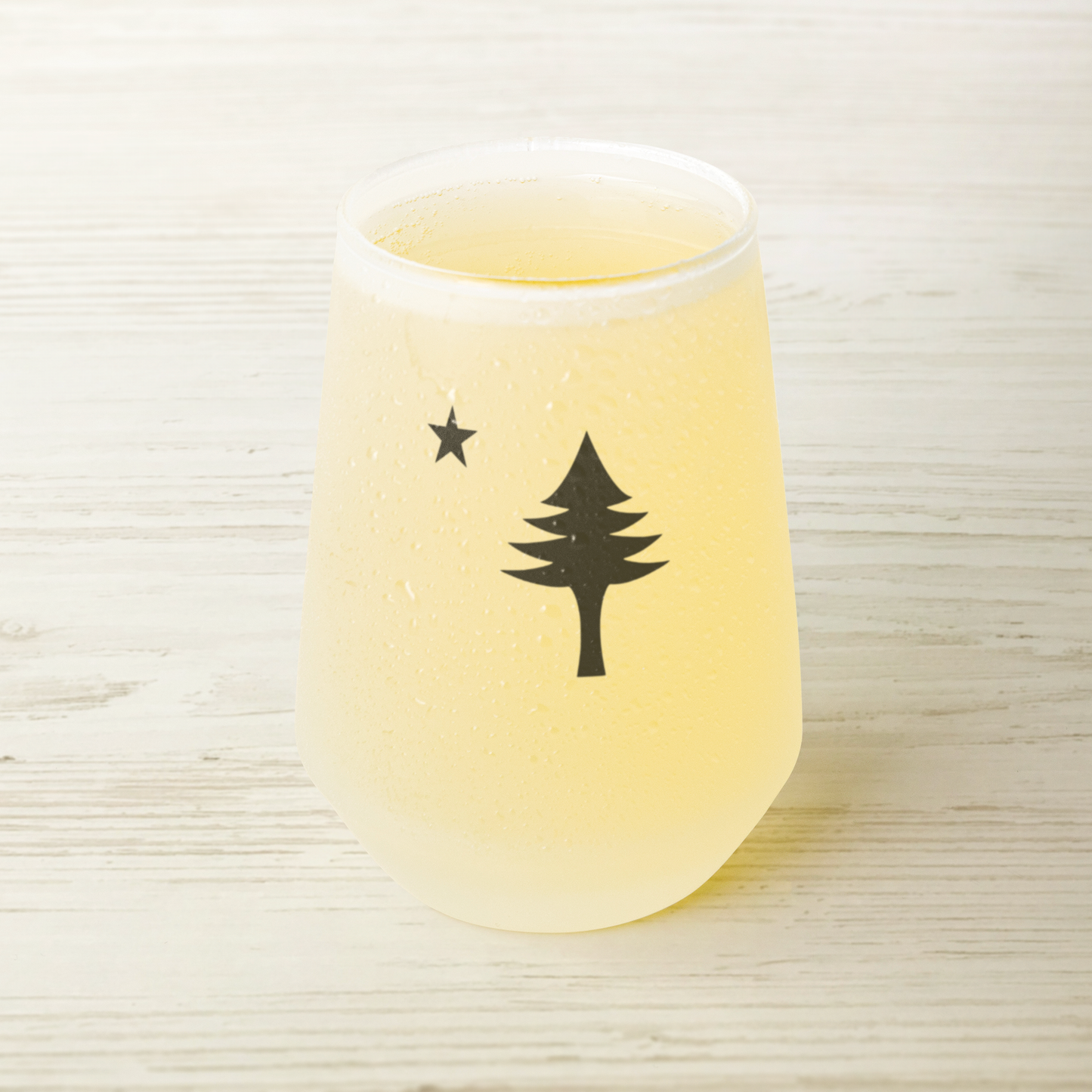 Frosted Maine Pine Tree Stemless Wine Glass (13oz) | Minimal North Star Design | Coastal New England Drinkware