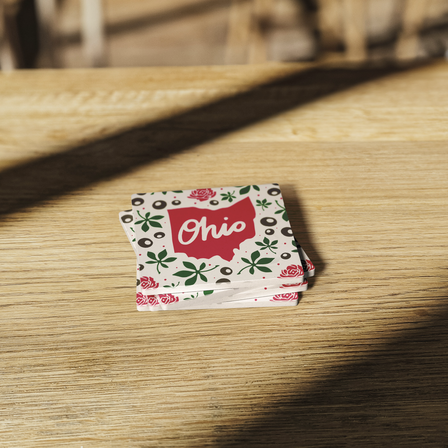Ohio Stone Coaster Set (4), featuring buckeyes and carnations