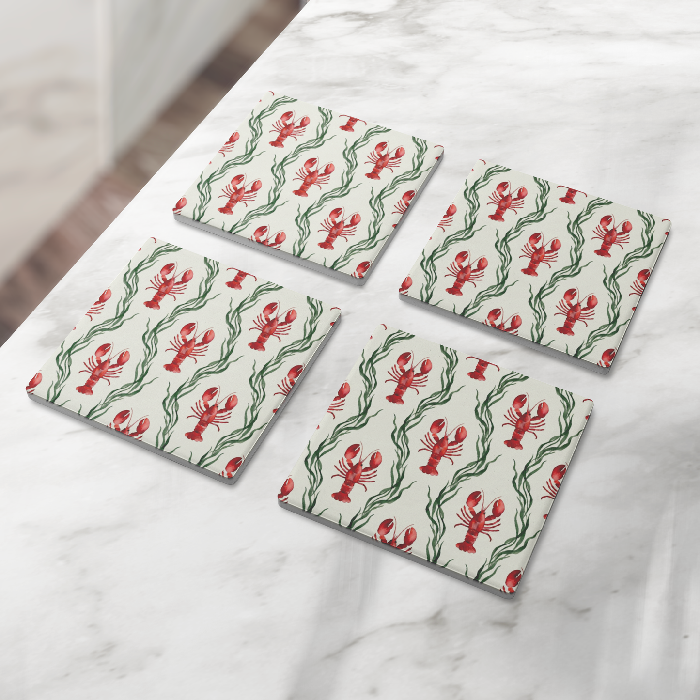 Coastal Stone Coasters Set, Lobster Design, Nautical Sea Life Decor, Absorbent Square Coasters, Ocean Theme Gifts, Cork Backed, Beach House Gifts