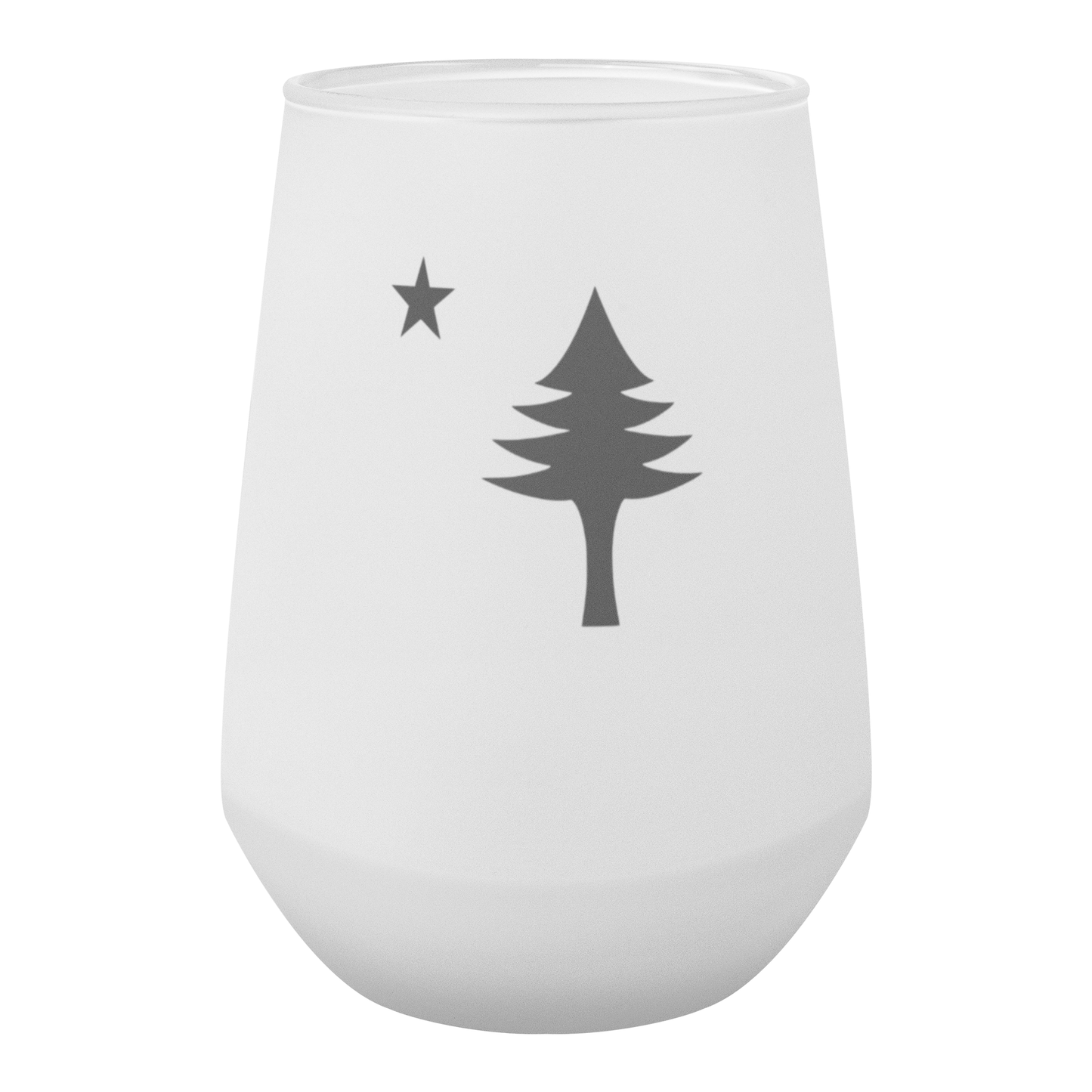 Frosted Maine Pine Tree Stemless Wine Glass (13oz) | Minimal North Star Design | Coastal New England Drinkware