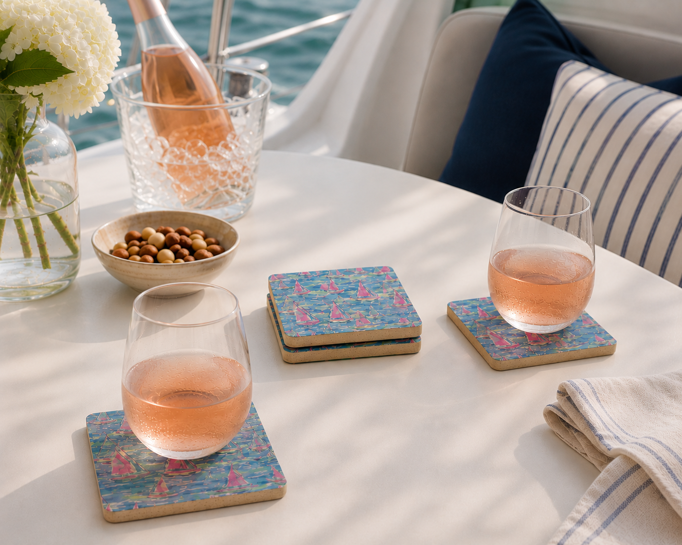 Pink Sailboat Watercolor 4" Stone Coaster Set | Set of 4