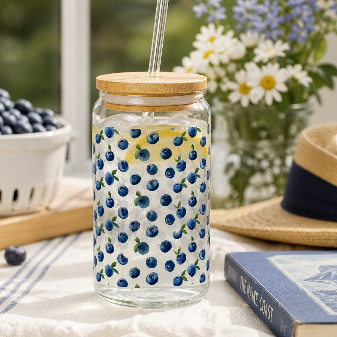 Maine Blueberry 16oz Sipper Glass with Bamboo Lid & Straw