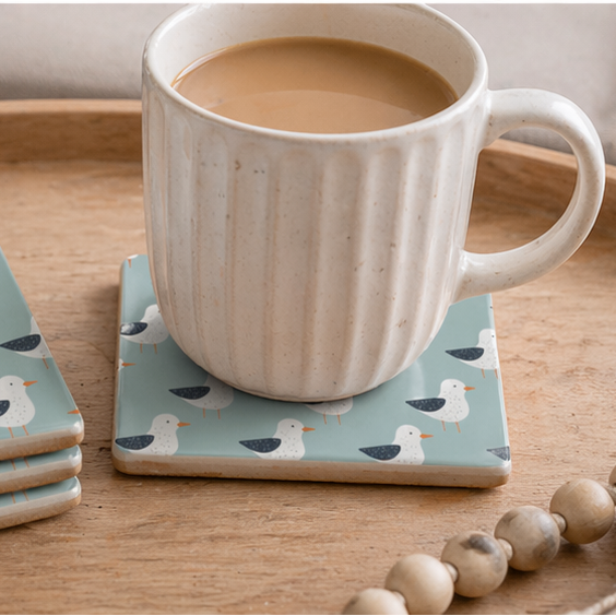 Coastal Seagull Stone Coasters, 4" Square Absorbent Coaster Set with Cork Back (Set of 4)